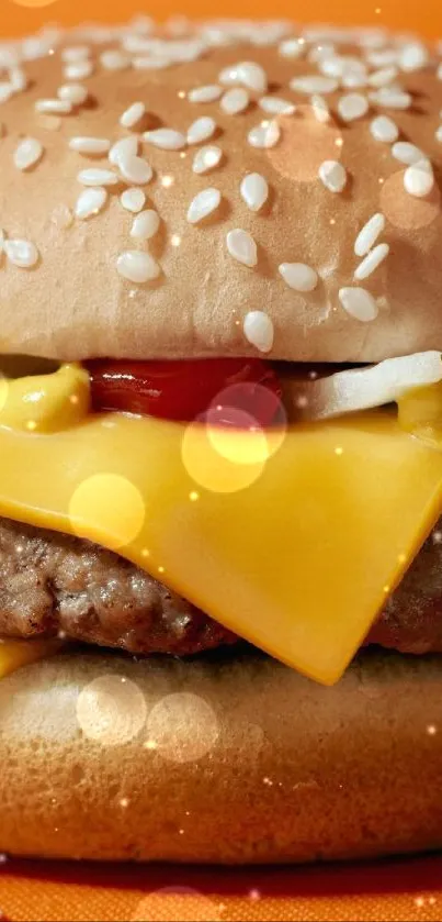 Close-up of a cheeseburger with sesame bun and toppings on orange background.