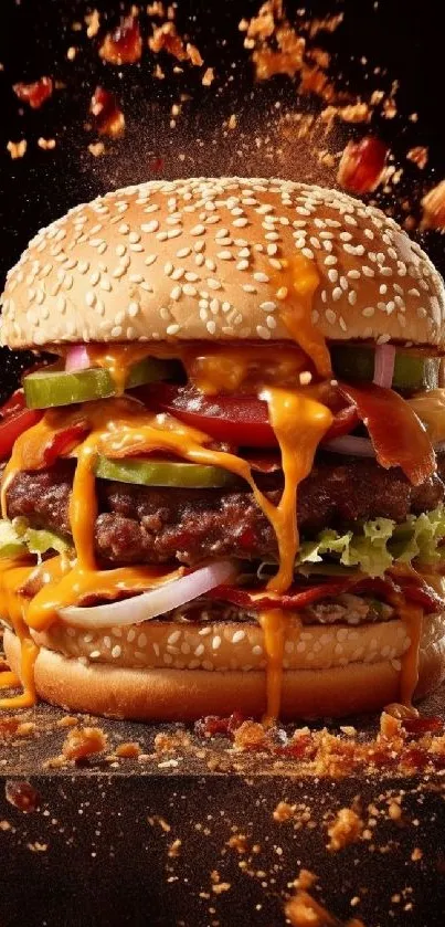 A juicy cheeseburger with bacon and toppings against a dark background.