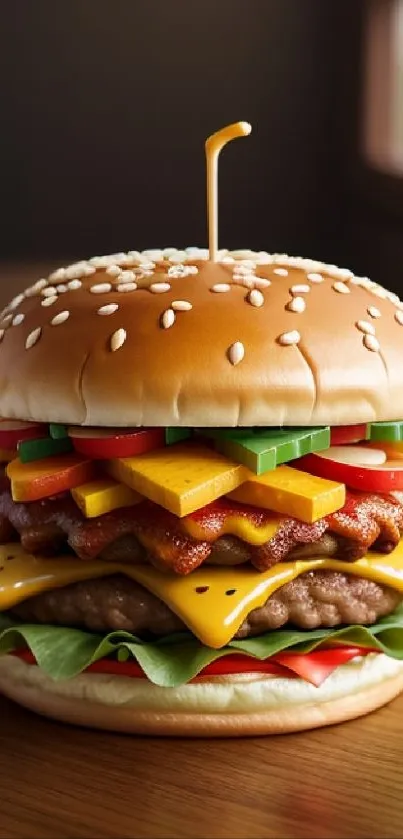 Appetizing cheeseburger with toppings on a wooden table.