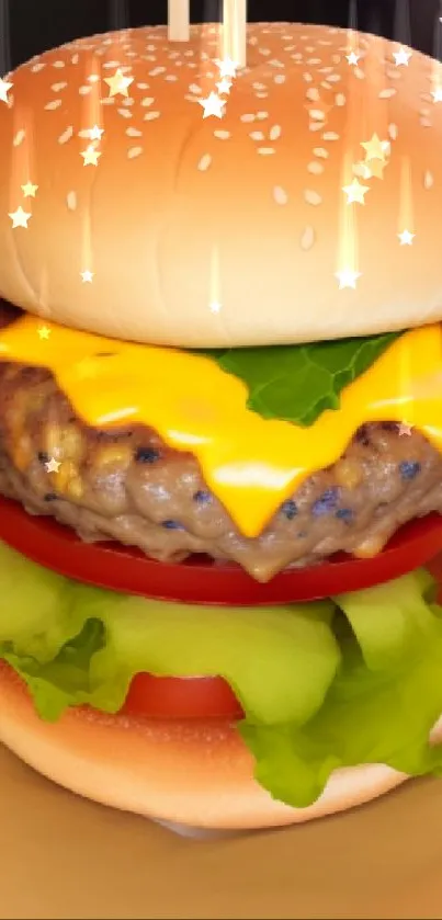 Close-up image of a juicy cheeseburger with fresh lettuce and tomatoes.