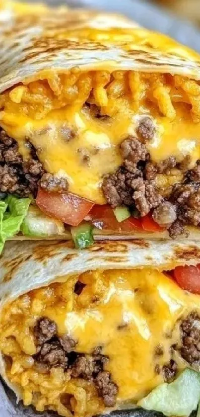 Close-up of a cheesy burrito with vibrant ingredients.
