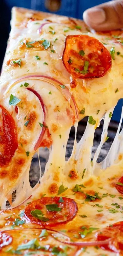 Close-up of a cheesy pepperoni pizza slice being pulled.