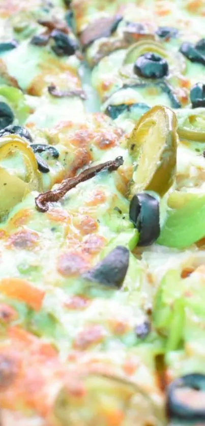 Close-up of cheesy pizza with vegetables and olives.