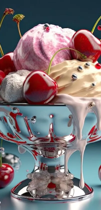Cherry ice cream sundae in a silver dish with vibrant colors.