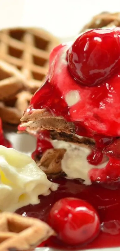 Close-up of cherry syrup waffles with cream.