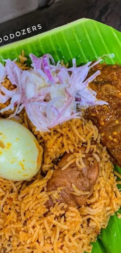 Chicken biryani on a banana leaf with sides.