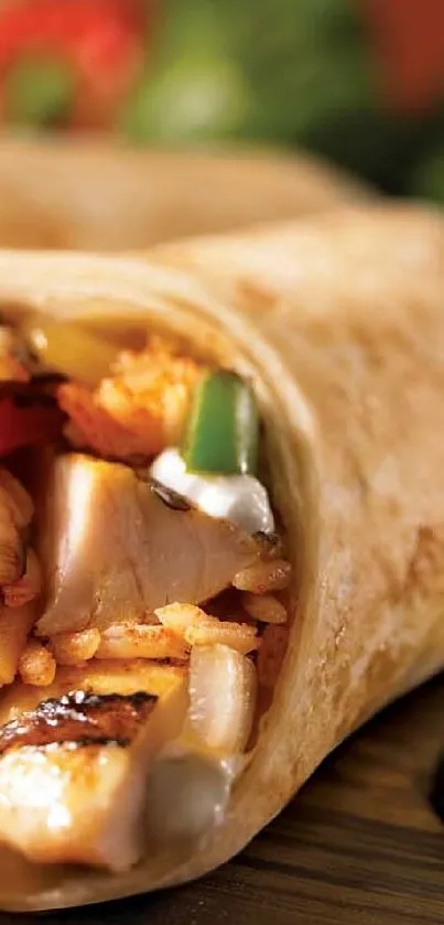 Chicken burrito with fresh vegetables and spices on a wooden table.