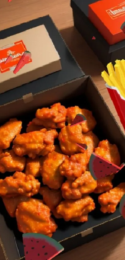 Boxes of spicy chicken wings with fries on a wooden table.