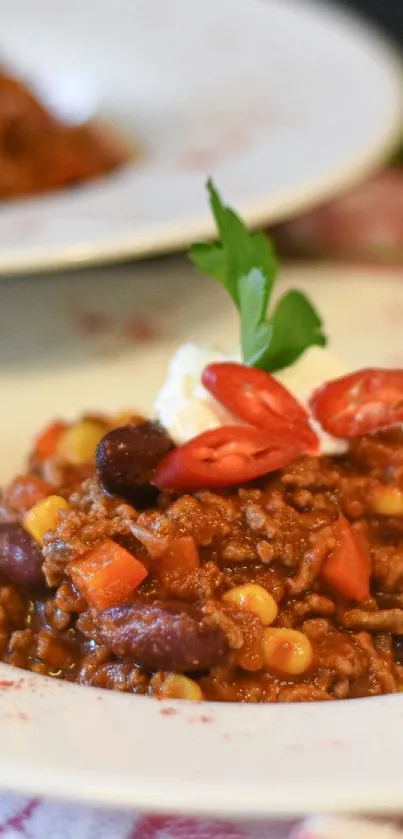 Plate of chili with red garnish and beans on a patterned cloth.