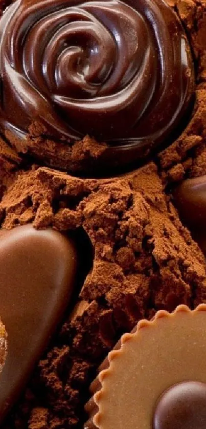 Assorted chocolate treats with cocoa powder.