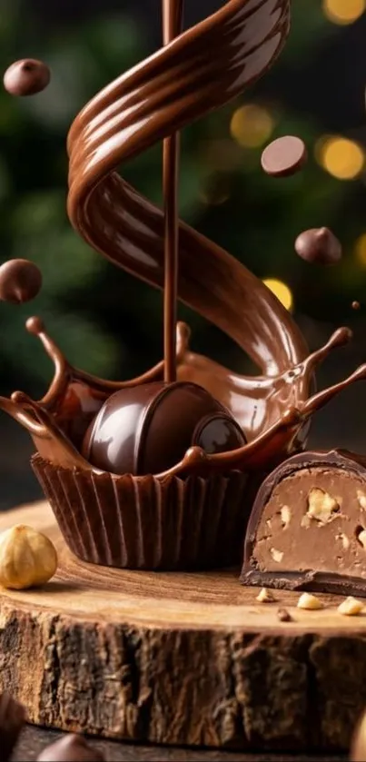 Artistic chocolate swirl with hazelnuts on a wooden slab.