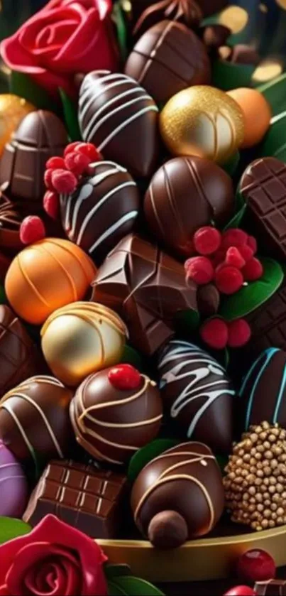 Assorted gourmet chocolates with roses.