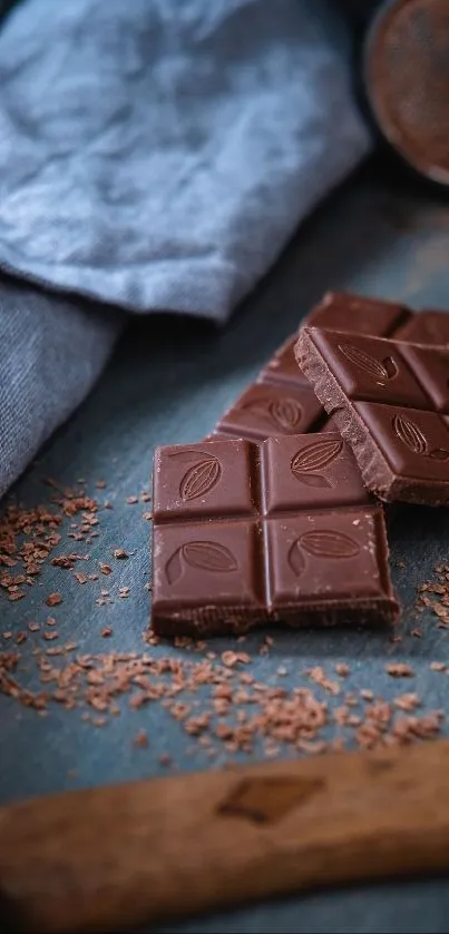 Close-up of chocolate bars on a rustic table.