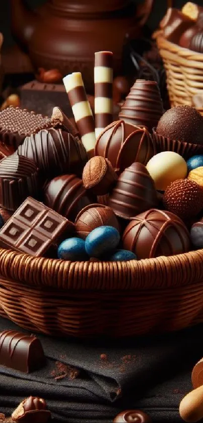 Basket filled with various chocolates, offering a rich, sweet visual theme.