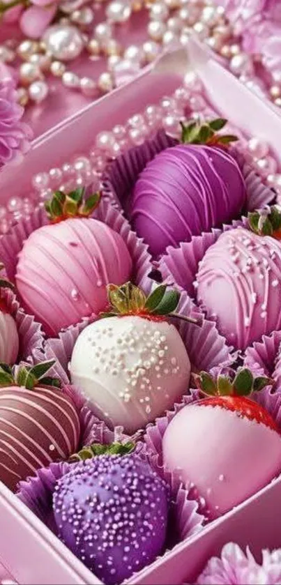 A decorative box of pink and purple chocolate-covered strawberries.