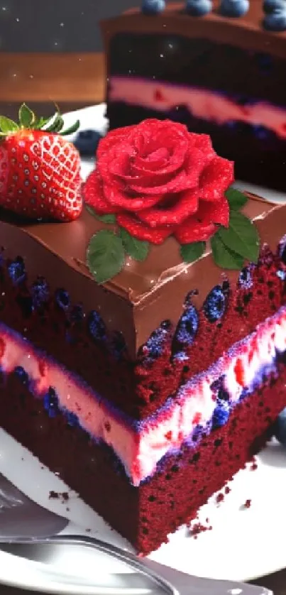 Chocolate cake slice with strawberry and blueberry garnish.