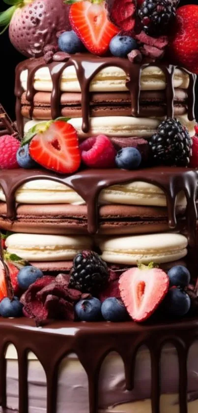 Chocolate cake with fresh berries and macarons on top.