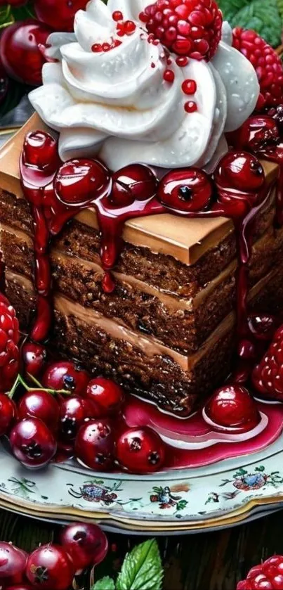 Chocolate cake with berries and cream topping on a plate.