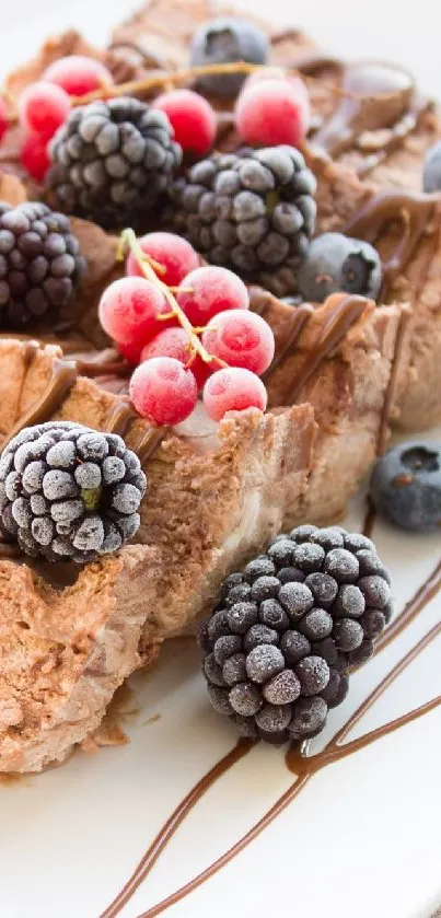 Chocolate dessert with berries on a plate.