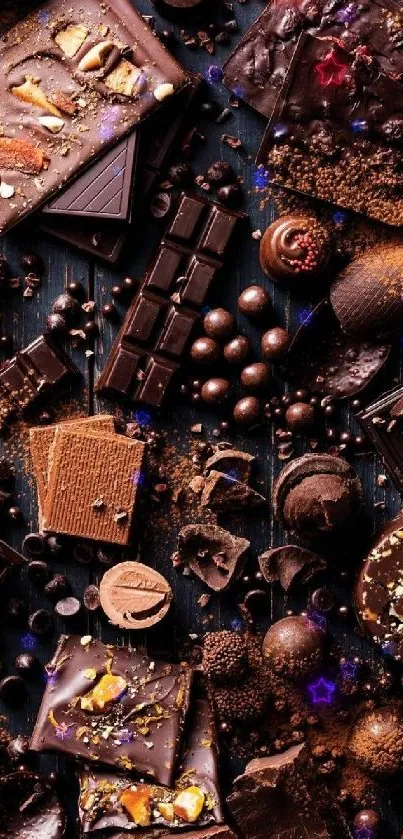 Assorted chocolate treats in rich brown tones on mobile wallpaper.
