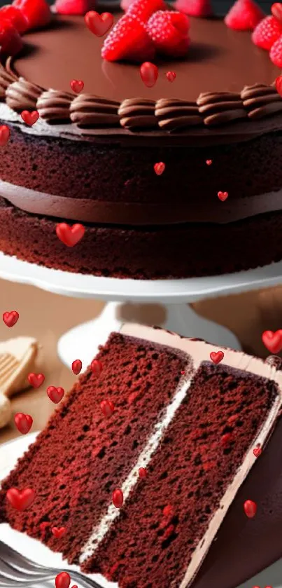 Chocolate cake with strawberries and a slice on a plate.