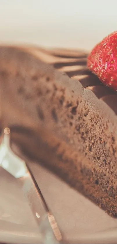 Chocolate cake slice with strawberry on a white plate.