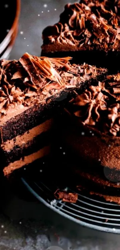 Rich chocolate cake with creamy layers and decorative top.
