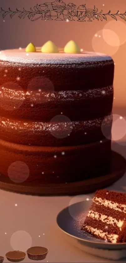 A layered chocolate cake with frosting on a plate.