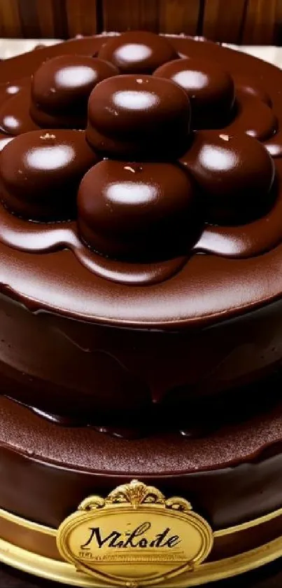 Decadent chocolate cake with glossy finish and rich layers.