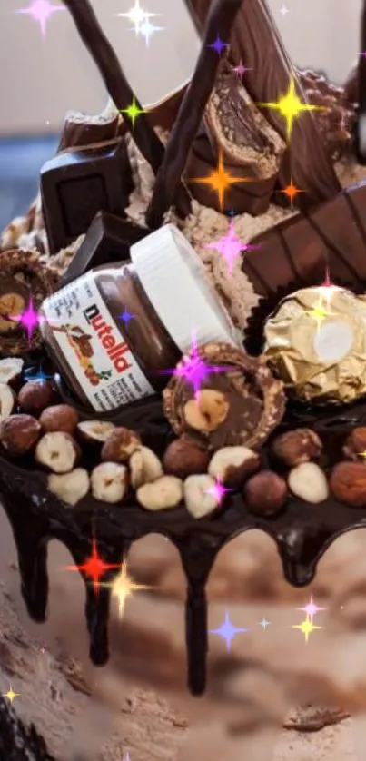 Close-up of a chocolate cake with vibrant toppings and sparkling effects.
