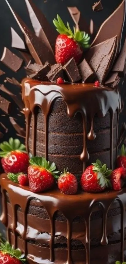 Two-tiered chocolate cake with strawberries and chocolate decorations.