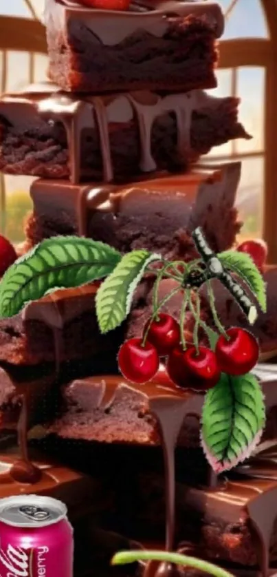 Rich chocolate brownies topped with cherries and a soft drink can.