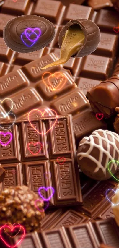 A delicious assortment of chocolate bars and truffles on a mobile wallpaper.