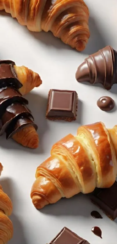 Delicious chocolate croissants and cubes on a white surface.