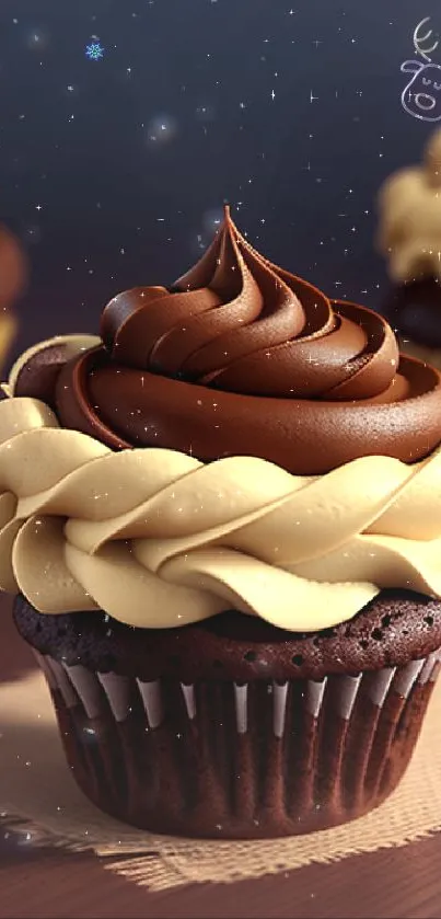 Chocolate cupcake with rich swirl frosting on wooden table.