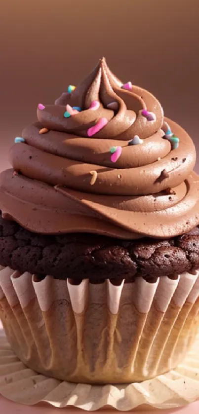 Chocolate cupcake with creamy frosting and colorful sprinkles against a pink backdrop.