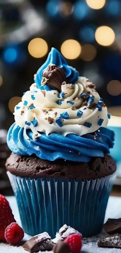 Chocolate cupcake with blue and white frosting, perfect for a festive phone wallpaper.