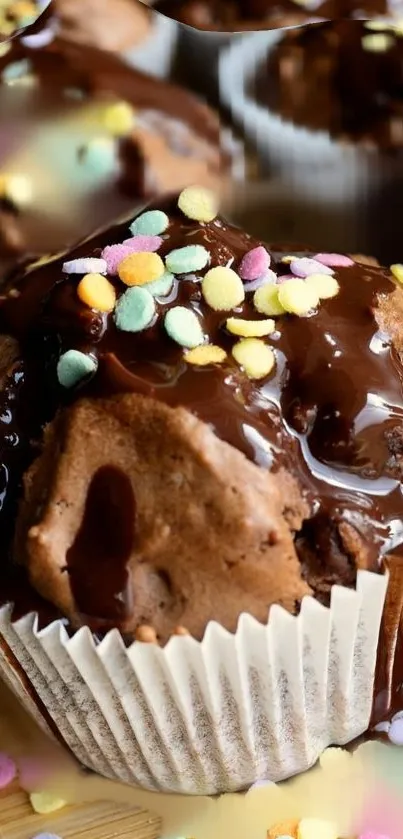 Chocolate cupcakes with sprinkles on wooden surface.
