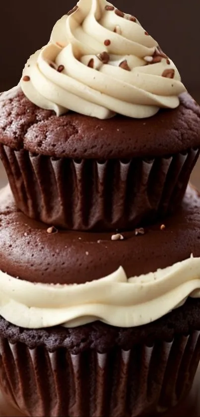 Two-tier chocolate cupcake with creamy frosting and chocolate sprinkles.