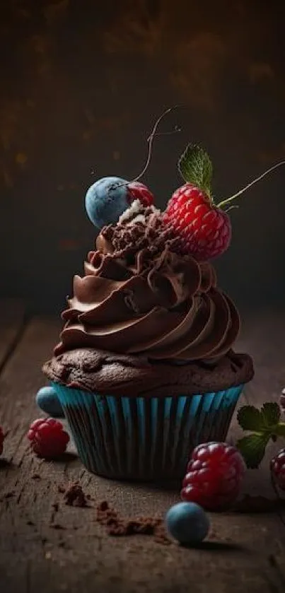 Chocolate cupcake with berries on rustic table.