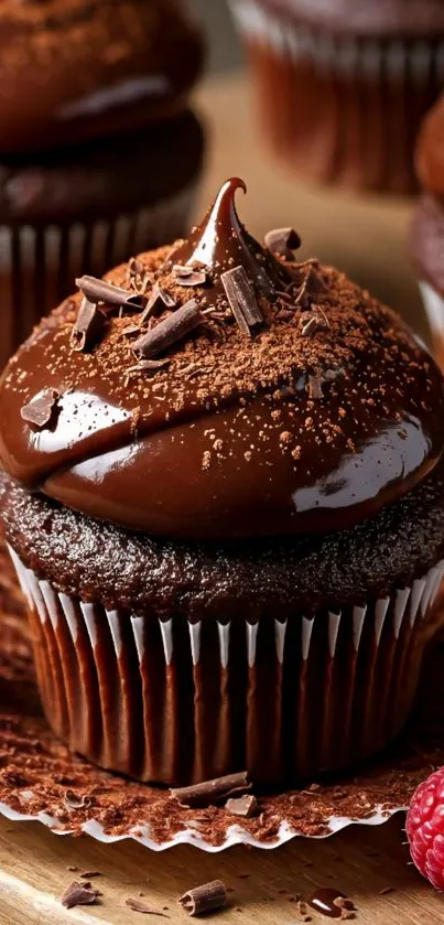 Close-up of a rich chocolate cupcake with frosting.