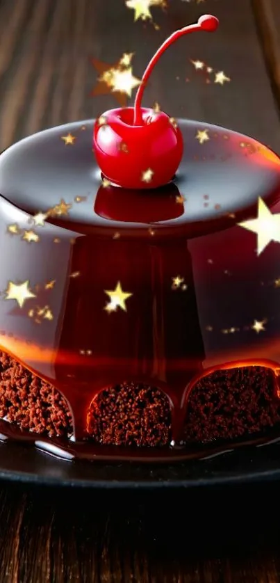 Chocolate dessert art with cherry and star accents on a shiny surface.
