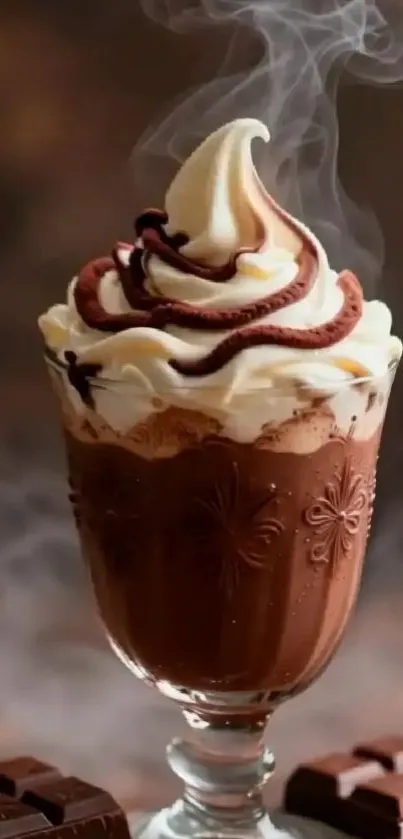 Creamy chocolate dessert in a glass decorated with swirls.
