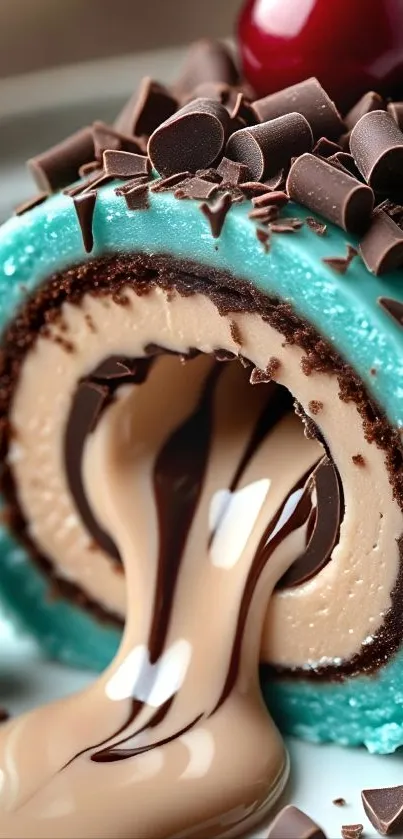 Chocolate dessert art with blue swirl and cherry top.