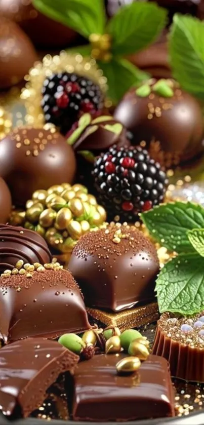 Gourmet chocolate desserts with leaves