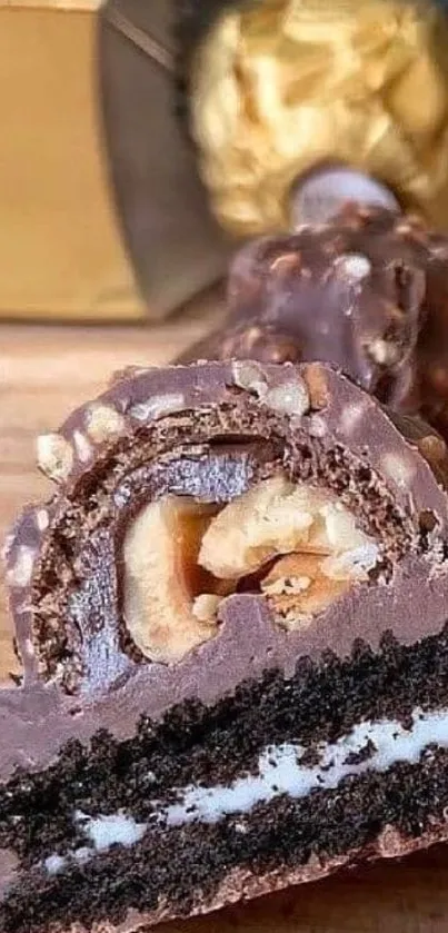 Close-up of chocolate dessert with nuts and cream layers.