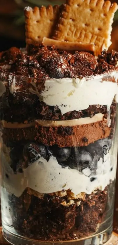 Chocolate dessert with cream layers and biscuit topping in a glass.