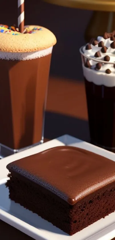 Chocolate desserts and drinks mobile wallpaper with a cake and beverages.