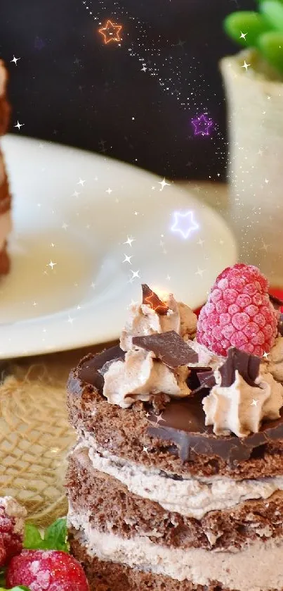 Luxurious chocolate and raspberry dessert on a plate with a plant backdrop.