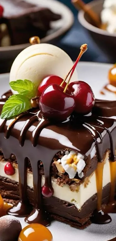 Rich chocolate dessert topped with ice cream and cherries.